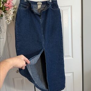 Long Blue Denim Skirt w-Front Slit